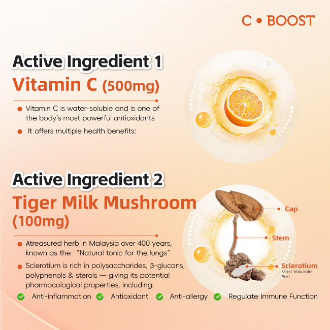 C.Boost Botanical Beverage Mix Orange with Vitamin C, Tiger Milk Mushroom Honeysuckle Flower and Zinc