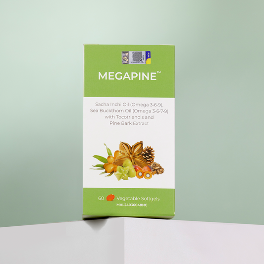 MEGAPINE (Omega 3•6•7•9) Sacha Inchi Oil, Sea Buckthorn Oil with Tocotrienols and Pine Bark Extract