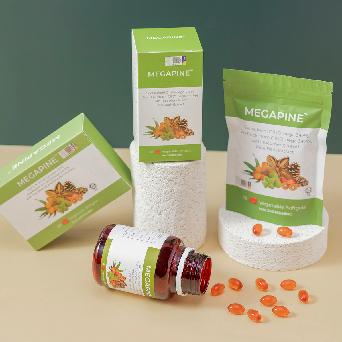 MEGAPINE (Omega 3•6•7•9) Sacha Inchi Oil, Sea Buckthorn Oil with Tocotrienols and Pine Bark Extract