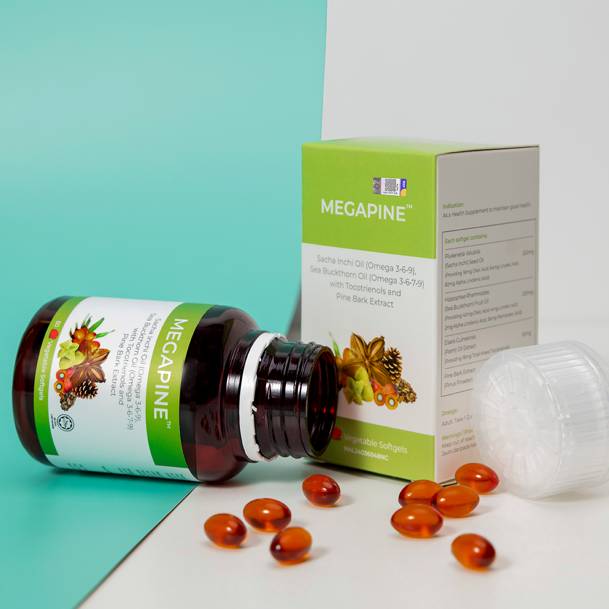 MEGAPINE (Omega 3•6•7•9) Sacha Inchi Oil, Sea Buckthorn Oil with Tocotrienols and Pine Bark Extract